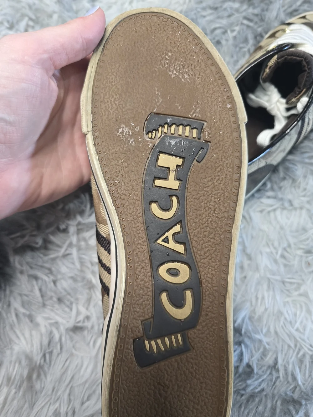 Coach Monogram Low-Top Sneakers in Brown, Cream & Black, Size 6